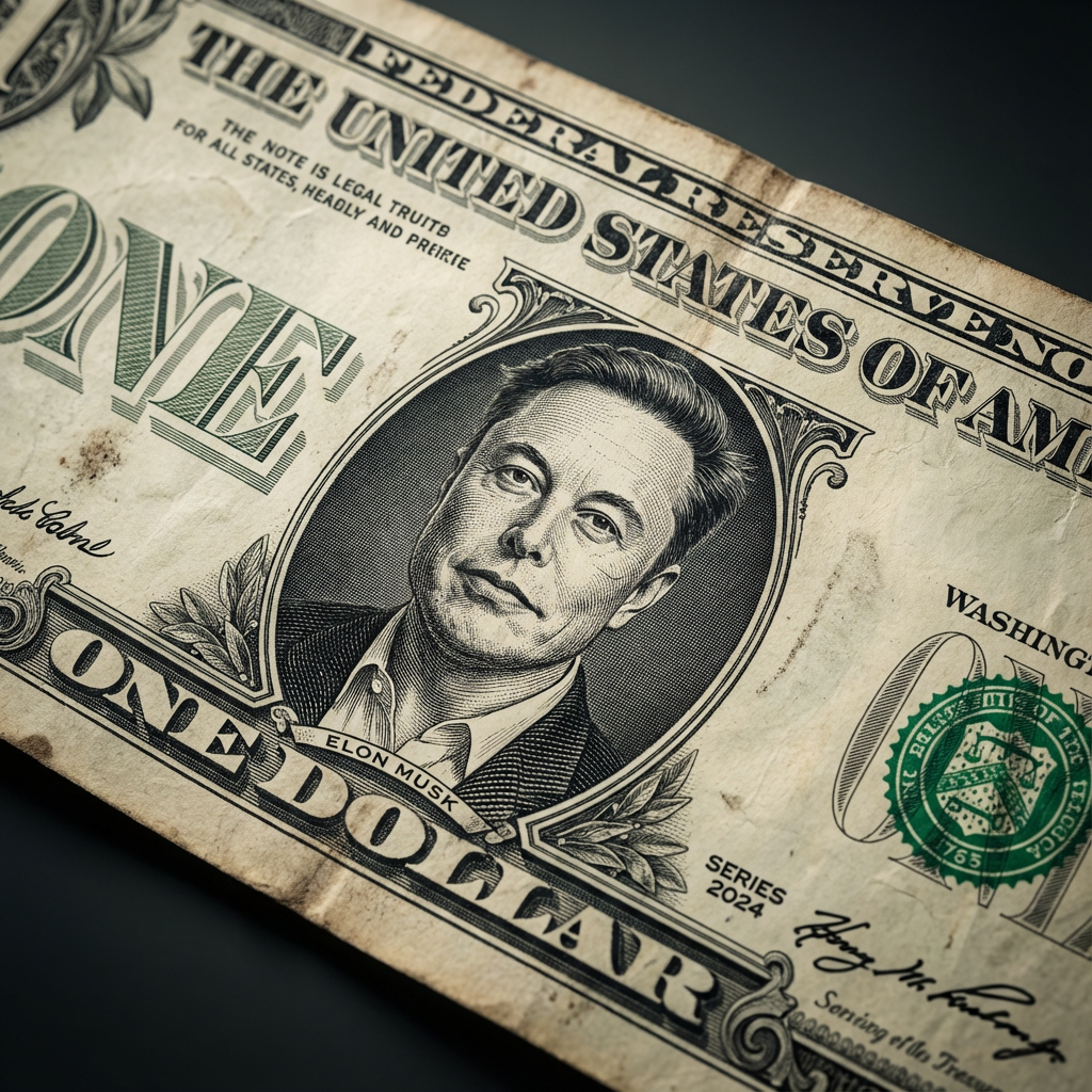 Ultra-realistic U.S. one-dollar bill with Elon Musk as the central engraved portrait, traditional dollar engraving linework, micro-details, authentic paper texture, realistic wear and tear, cinematic lighting, 8K, sharp focus